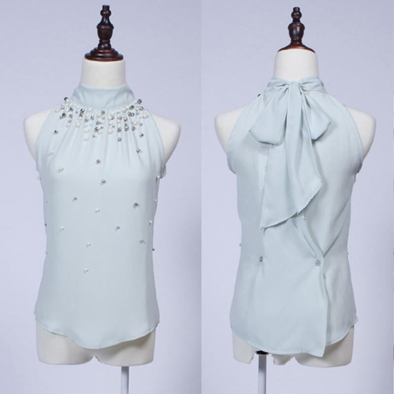 Women Beading Chiffon Shirt Fashion Sleeveless Women Chiffon Blouse Shirt Women Lace Tank Top