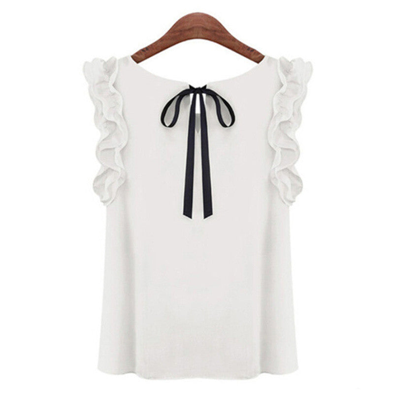 Online discount shop Australia - Fashion  Bow Solid O-neck Sleeveless Women Blouses With Chiffon X37