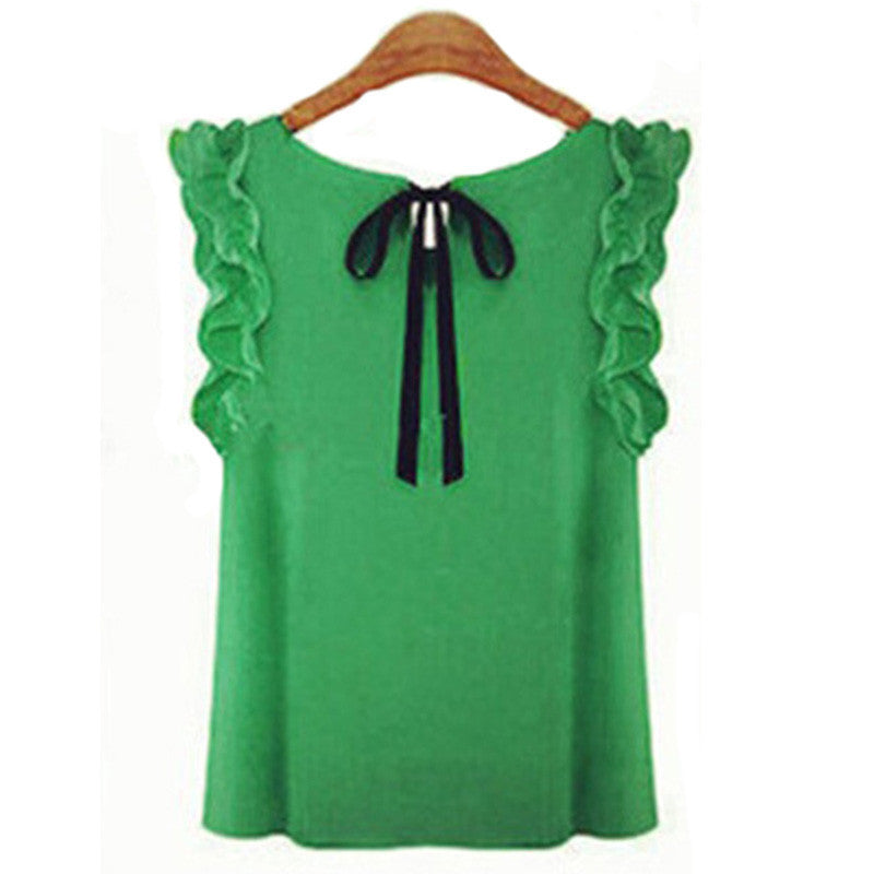 Online discount shop Australia - Fashion  Bow Solid O-neck Sleeveless Women Blouses With Chiffon X37