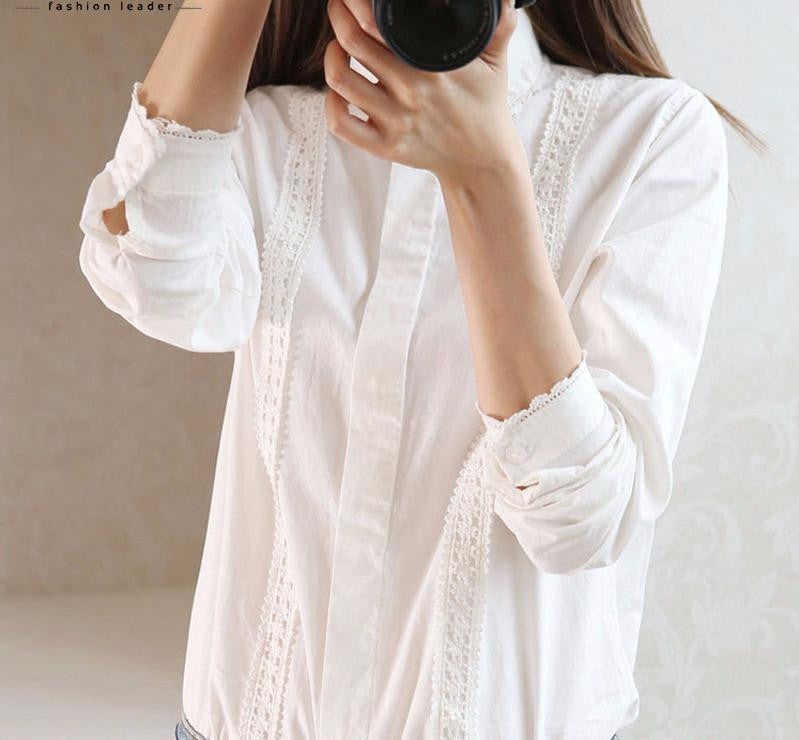 White embroidery Blouse Women office Button Lace mori girl Down Collar Splice Long Sleeve Cotton Tops Shirt Plus Size