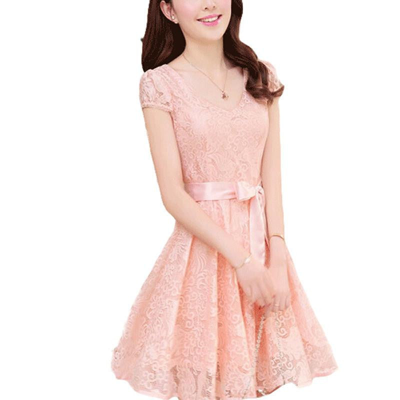 Women Lace Dresses Female V-Neck Bow Sashes Decor Puff Sleeve Show Slim Fair Lady Mid