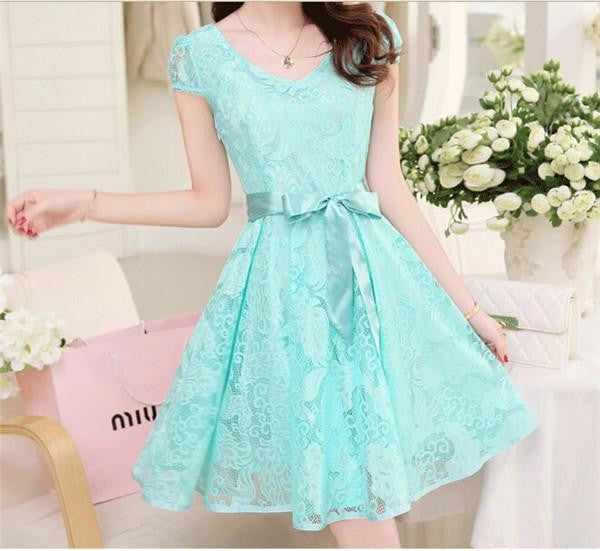 Women Lace Dresses Female V-Neck Bow Sashes Decor Puff Sleeve Show Slim Fair Lady Mid