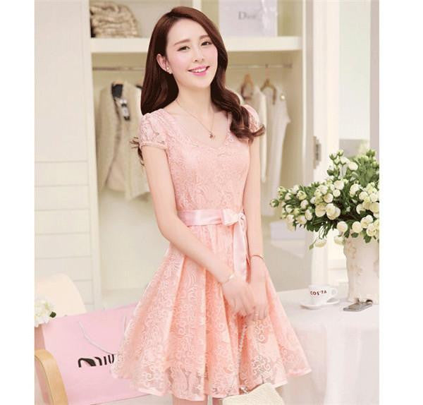 Women Lace Dresses Female V-Neck Bow Sashes Decor Puff Sleeve Show Slim Fair Lady Mid