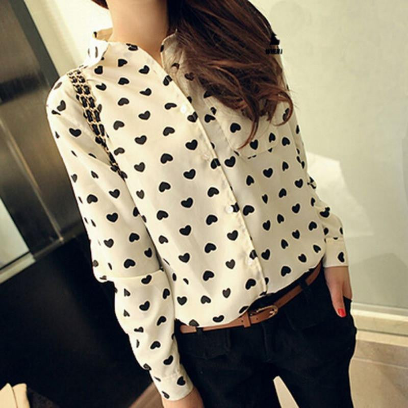 Women Chiffon Blouses Retro Vintage Button Down Blouse Heart Print Casual Shirt