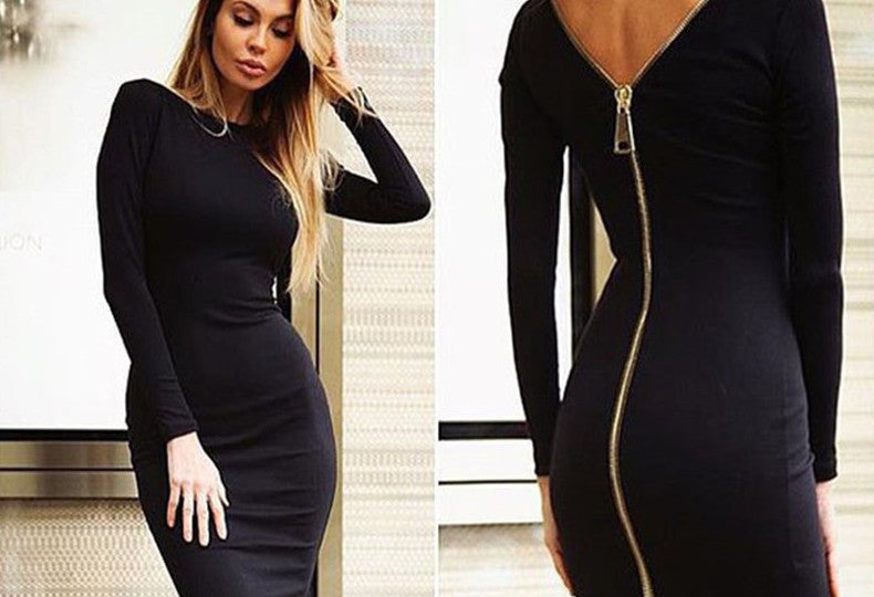 Online discount shop Australia - Bodycon Sheath Dress Little Black Long Sleeve Party Dresses Women Clothing Back Full Zipper Robe Sexy Femme Pencil Tight Dress