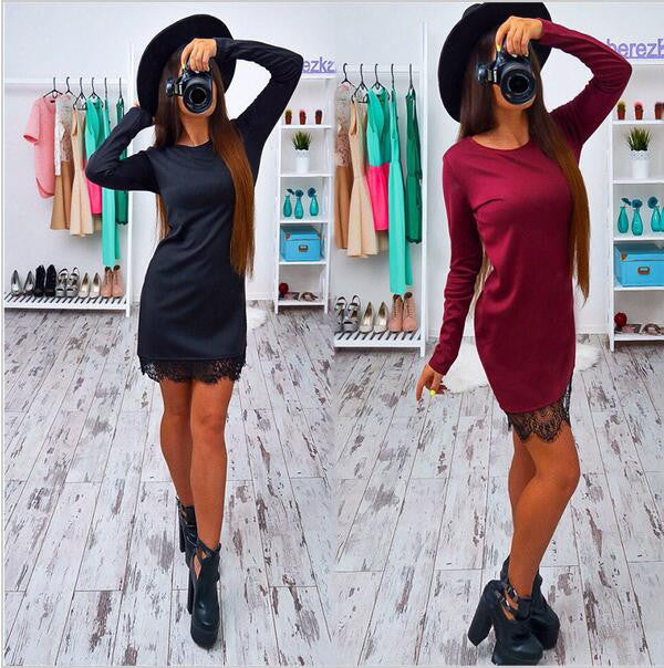 Online discount shop Australia - Lace Patchwork Women Dress Fashion O-neck Long Sleeve Black Red Elegant Dresses Casual Bodycon