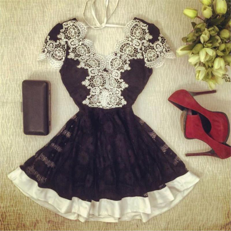 Women Casual Dress Deep V Lace Mini Short Dresses Backless A-Line Floral Party Evening Vestidos