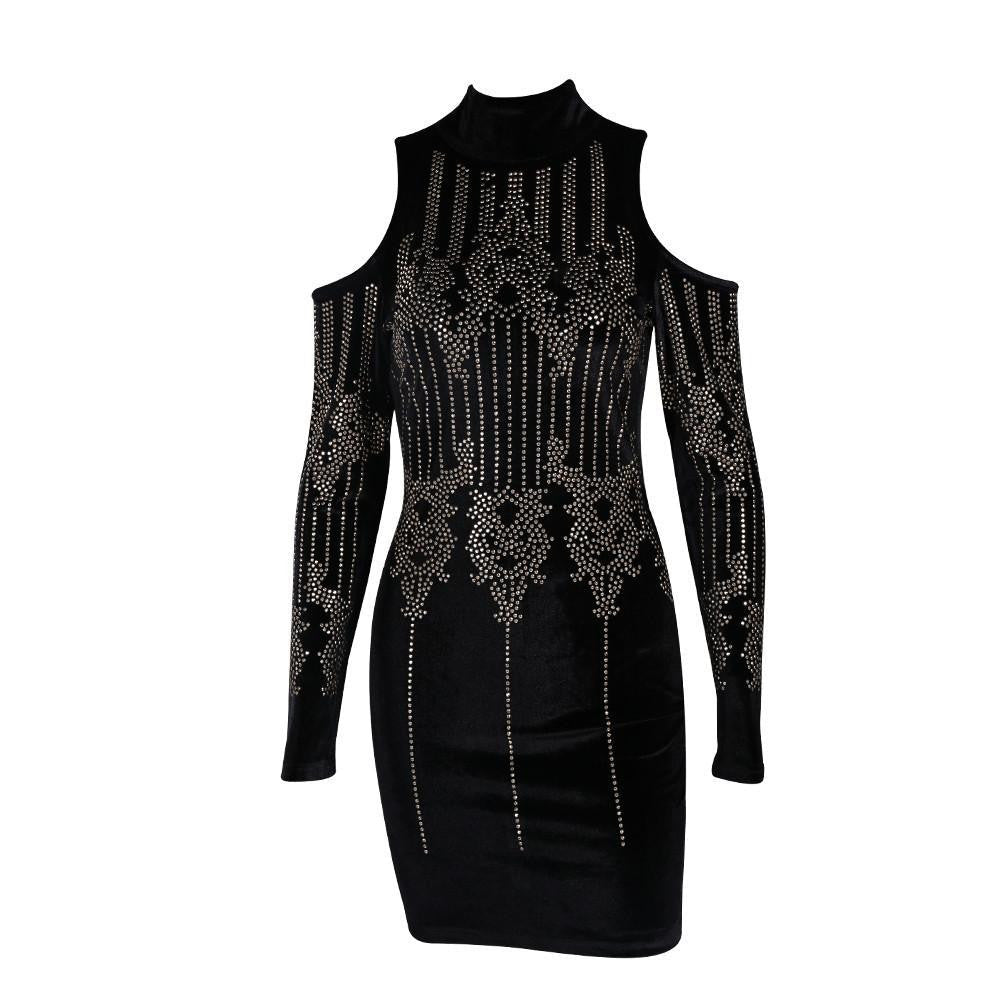 Geometric retro Rhinestone high-necked long-sleeved bodycon tight dress velvet party dress FT4925