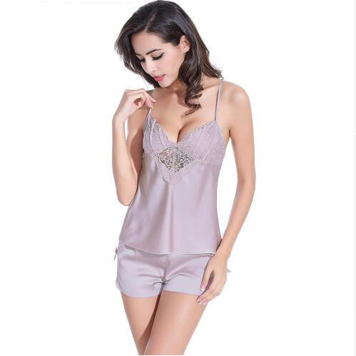 Women Pajamas Set Nightsuit Lace Silk Spaghetti Straps Bathrobe Women Sleepwear Shorts Lingerie