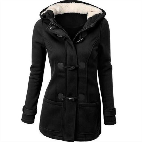 Women 's Hooded Woolen Classic Hornskin Buckle Jacket Coat Solid Color Casual Female Outwear Coat