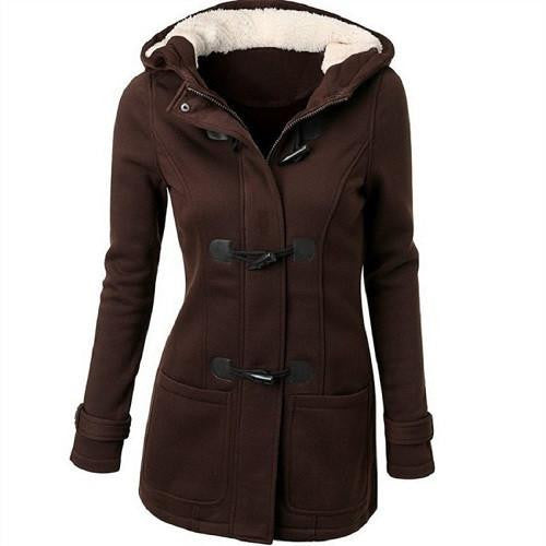 Women 's Hooded Woolen Classic Hornskin Buckle Jacket Coat Solid Color Casual Female Outwear Coat