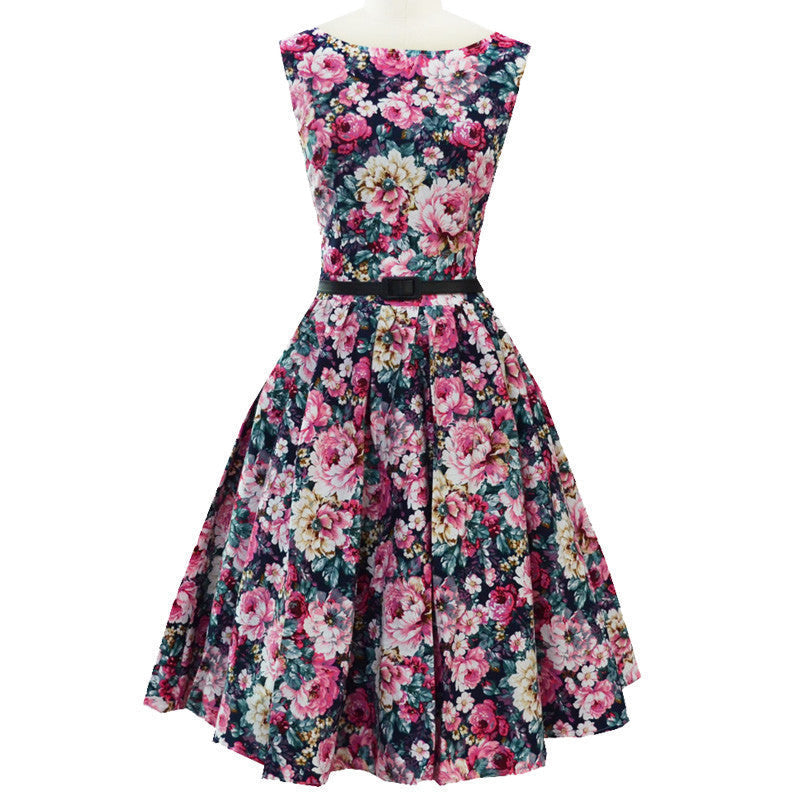 Online discount shop Australia - Dress Hepburn Style 1950s Vintage Dresses Round Neck Sleeveless Floral Print Dress With Belt