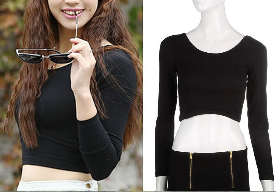 Online discount shop Australia - Fashion Womens Cut-Out Crooped Tops Long Sleeve T-shirt Clubwear Cropped Top Drop