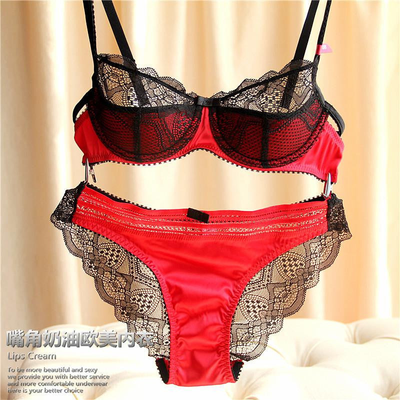 Top Fashion women's single-bra thin lace embroidery sexy push up transparent underwear set