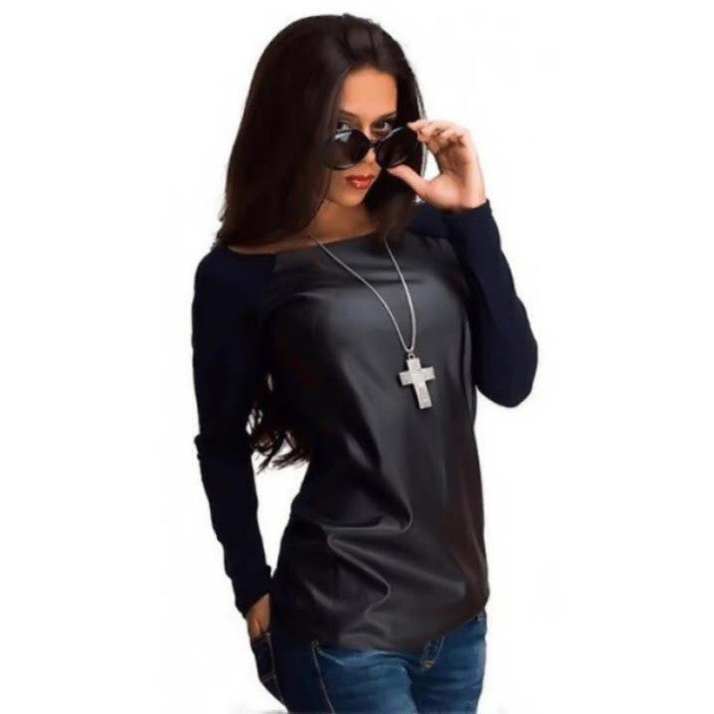 PU Leather Women Long Sleeve Crew Neck T-Shirt Slim Fit Tops