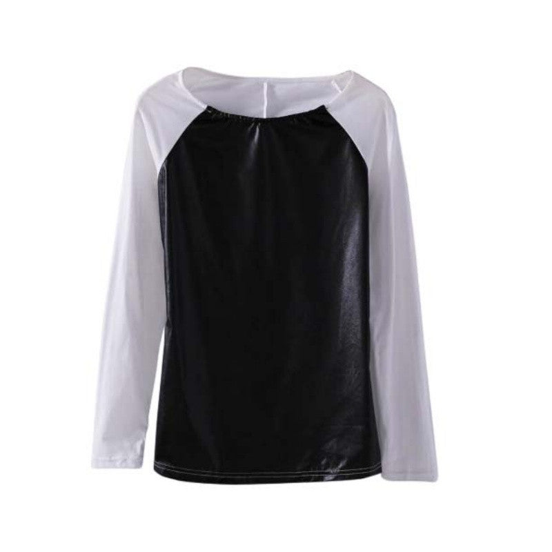 PU Leather Women Long Sleeve Crew Neck T-Shirt Slim Fit Tops