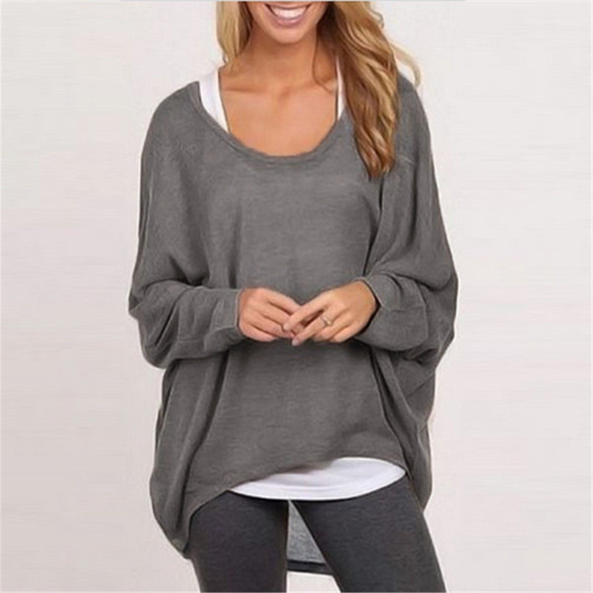 Women Fashion Casual Long Sleeve Loose Tunic Tops Shirts Black Gray Plus Size