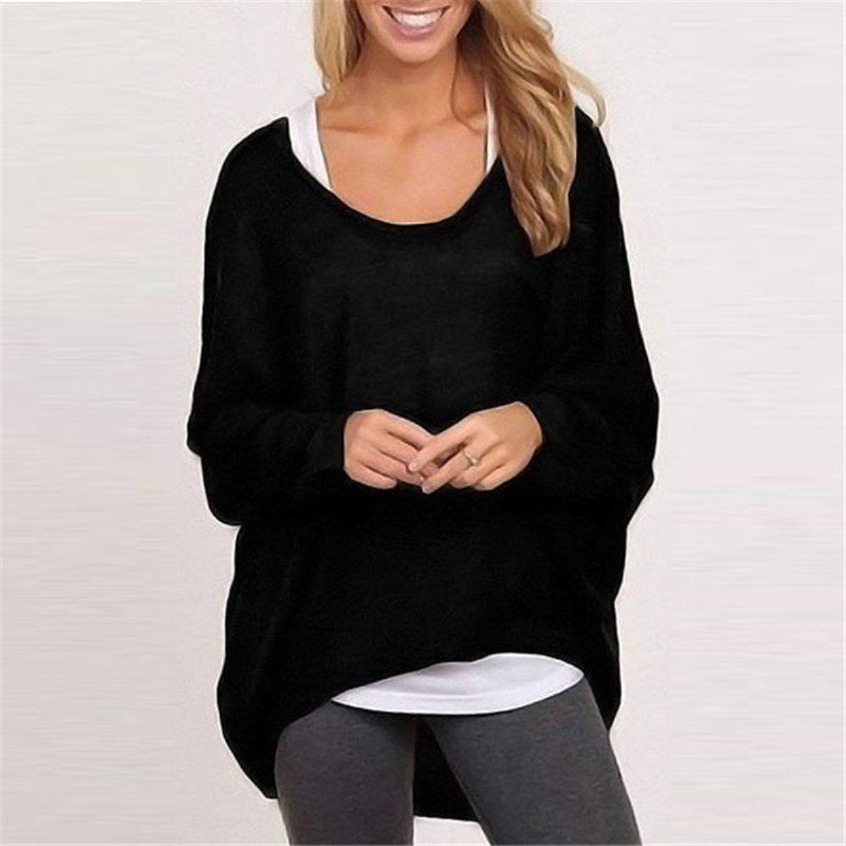 Women Fashion Casual Long Sleeve Loose Tunic Tops Shirts Black Gray Plus Size