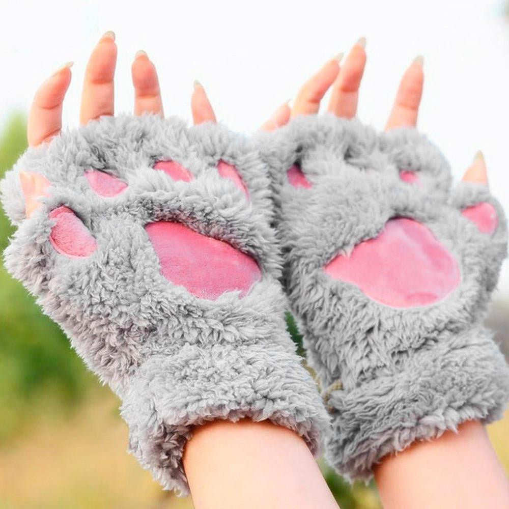 Woman Fluffy Bear Cat Plush Paw Claw Glove Novelty soft toweling lady's half covered gloves mittens Valentine's Day Gift