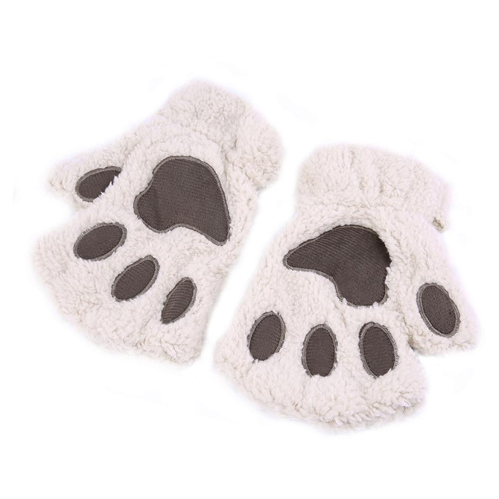 Woman Fluffy Bear Cat Plush Paw Claw Glove Novelty soft toweling lady's half covered gloves mittens Valentine's Day Gift