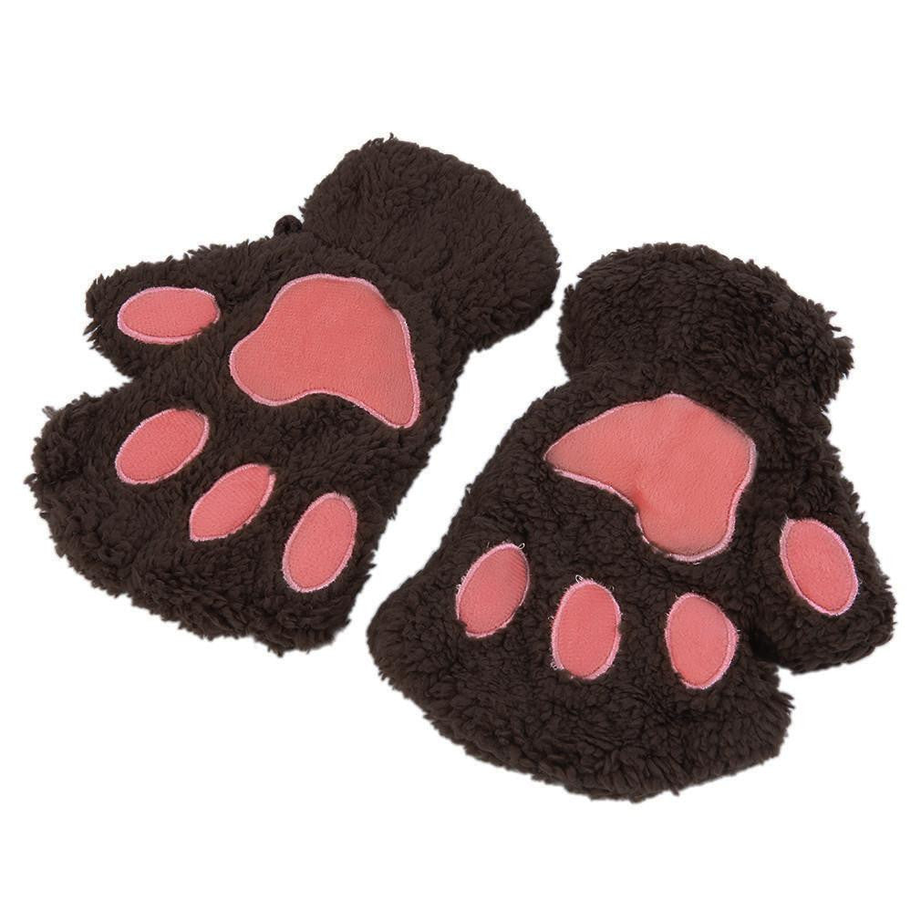 Woman Fluffy Bear Cat Plush Paw Claw Glove Novelty soft toweling lady's half covered gloves mittens Valentine's Day Gift