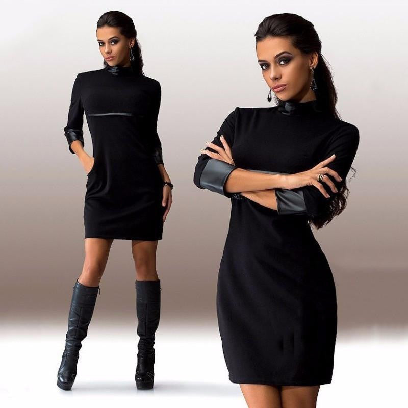 Women Autumn Cool Dresses Three Quater Sleeve PU Leather Patchwork Clubwear Dress Slim Casual Vestidos Robe XS-XL