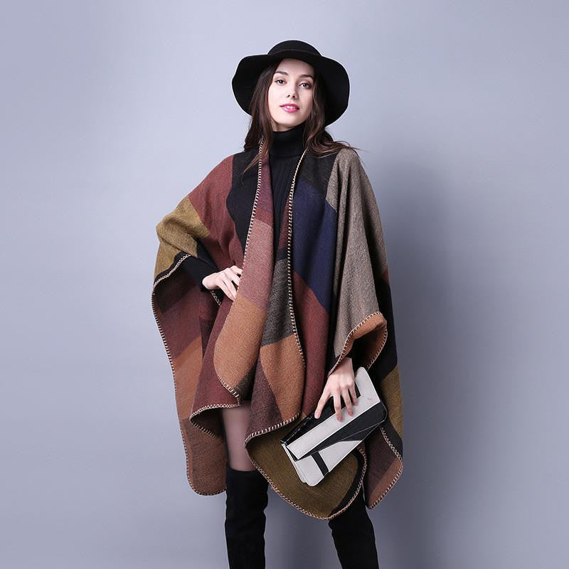 Women Poncho Cashmere Imitation Wool Scarf Embroidery personalized Poncho Block Check Blanket Poncho