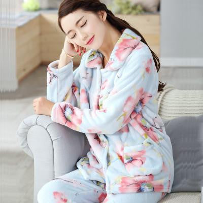 women flannel thick pajamas coral velvet home service long sleeved and size suit lovely women