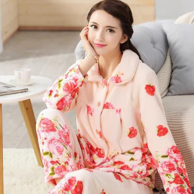 women flannel thick pajamas coral velvet home service long sleeved and size suit lovely women