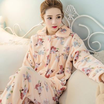 women flannel thick pajamas coral velvet home service long sleeved and size suit lovely women