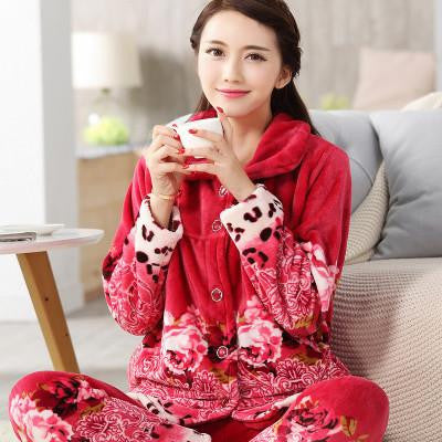 women flannel thick pajamas coral velvet home service long sleeved and size suit lovely women