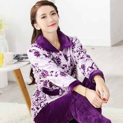 women flannel thick pajamas coral velvet home service long sleeved and size suit lovely women