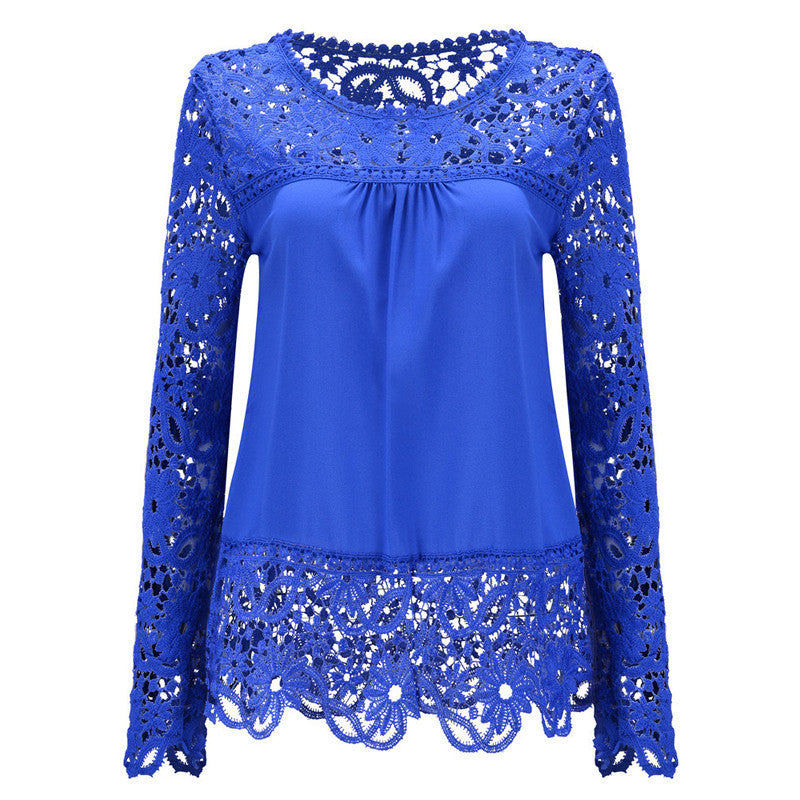 Online discount shop Australia - Long Sleeve Chiffon Shirt Women Blouses Plus Size Women Clothing Sexy Lace Splice Lace Blouse Women Casual Tops