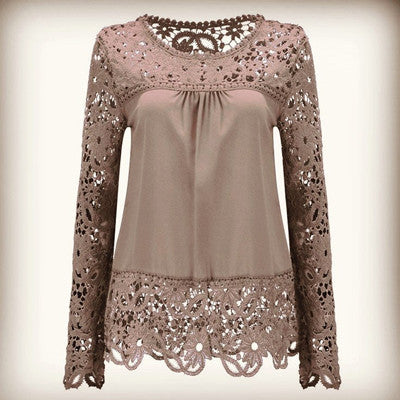 Online discount shop Australia - Long Sleeve Chiffon Shirt Women Blouses Plus Size Women Clothing Sexy Lace Splice Lace Blouse Women Casual Tops