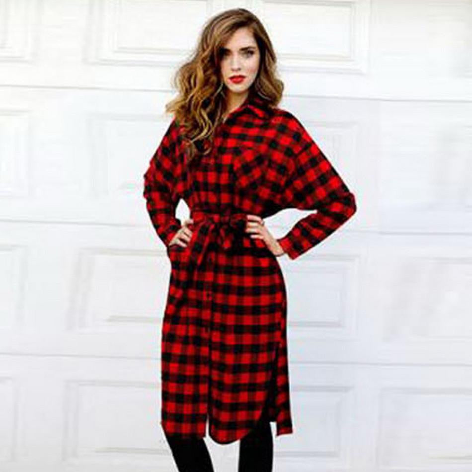 Women Red Plaid Dress Autumn Retro Long Sleeve Shirt Dresses Female Straight Tunic Summer Dress for Women Lapel with Belt