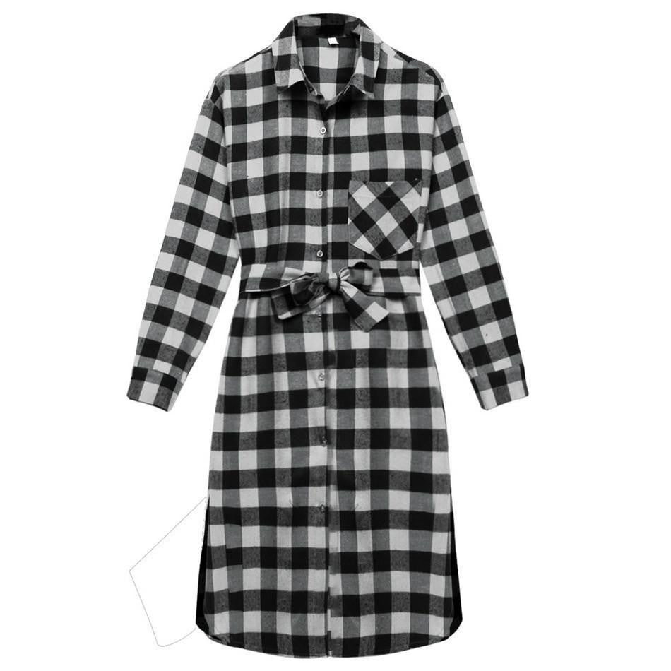 Women Red Plaid Dress Autumn Retro Long Sleeve Shirt Dresses Female Straight Tunic Summer Dress for Women Lapel with Belt