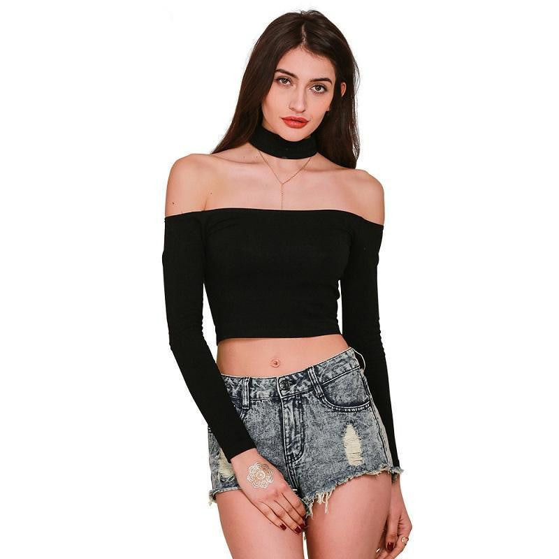 style sexy slash neck black t-shirt women tops long sleeve halter top Girl t shirt 90's crop top