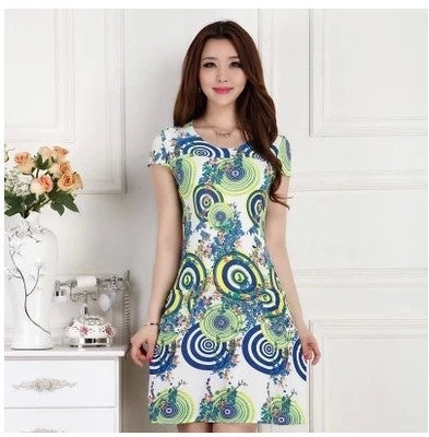 Online discount shop Australia - Fashion Women summer Tunic Milk Silk Print Short sleeve O neck Slim dress Plus Size sexy casual dresses