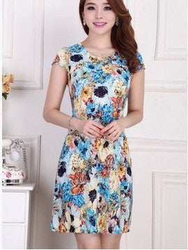 Online discount shop Australia - Fashion Women summer Tunic Milk Silk Print Short sleeve O neck Slim dress Plus Size sexy casual dresses