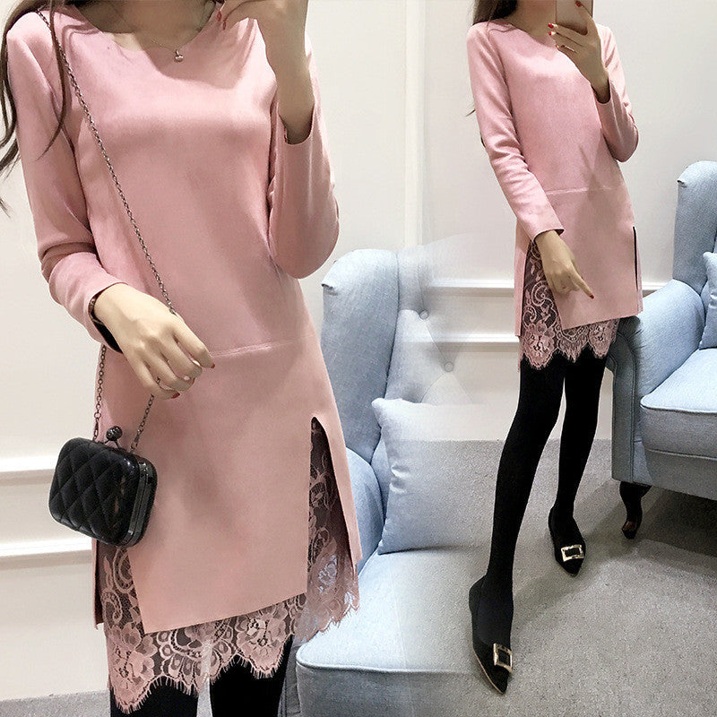 Online discount shop Australia - New Autumn Winter Slim Vestidos Long-sleeved Lace Dress Suede Pink Dress Women Round Neck Dresses Sweet Pocket Plus Size S-2XL