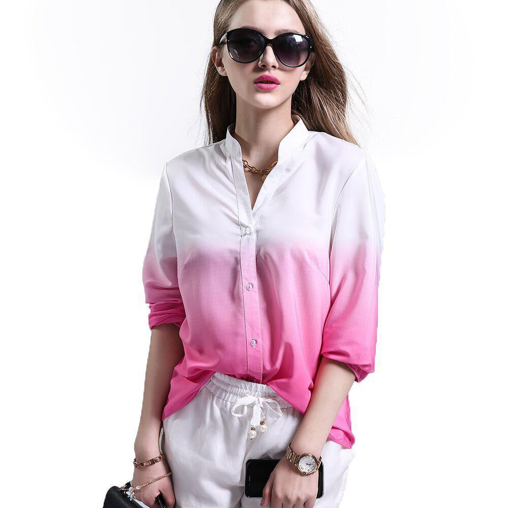 Women Tops Fashion Lady Shirt Long Sleeve V Neck Gradient Color Casual Blouses Streetwear Plus Size Blouses