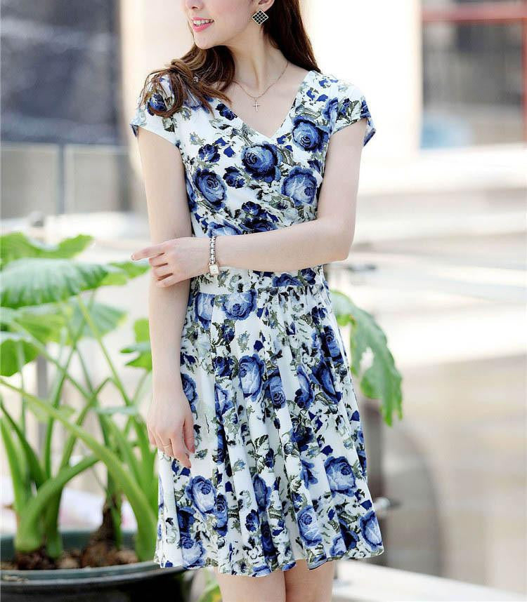 Women summer dress printed waist show thin Casual Beach Maxi Dresses