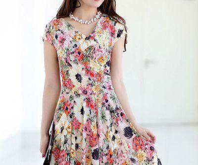 Women summer dress printed waist show thin Casual Beach Maxi Dresses