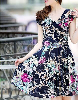 Women summer dress printed waist show thin Casual Beach Maxi Dresses