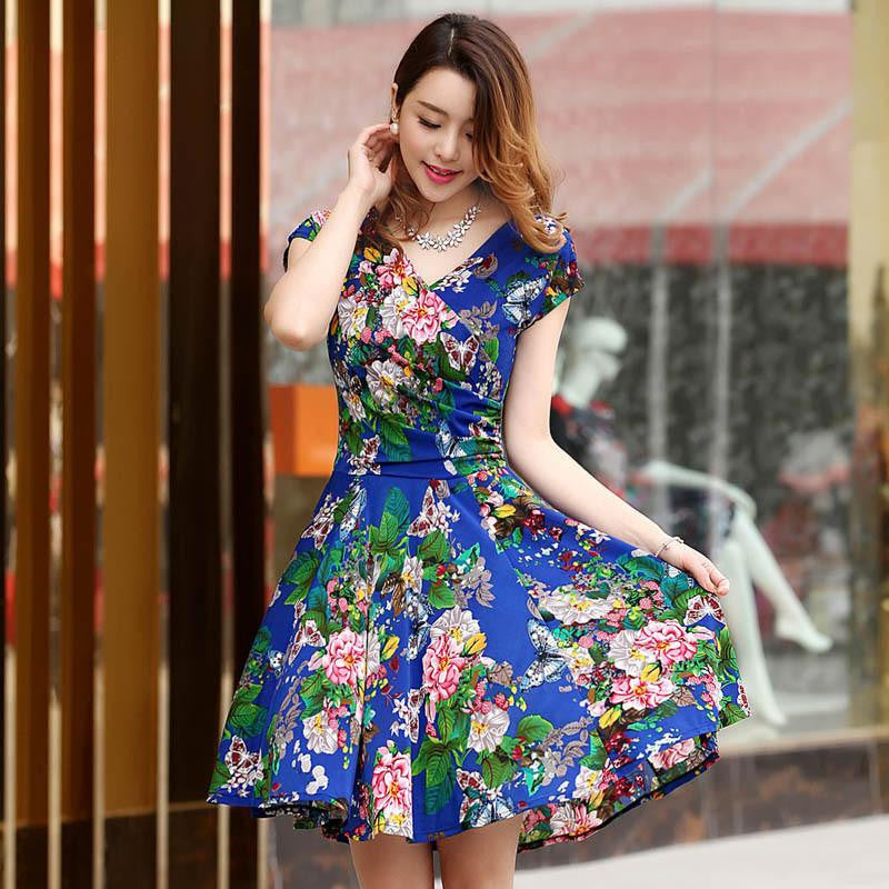 Women summer dress printed waist show thin Casual Beach Maxi Dresses