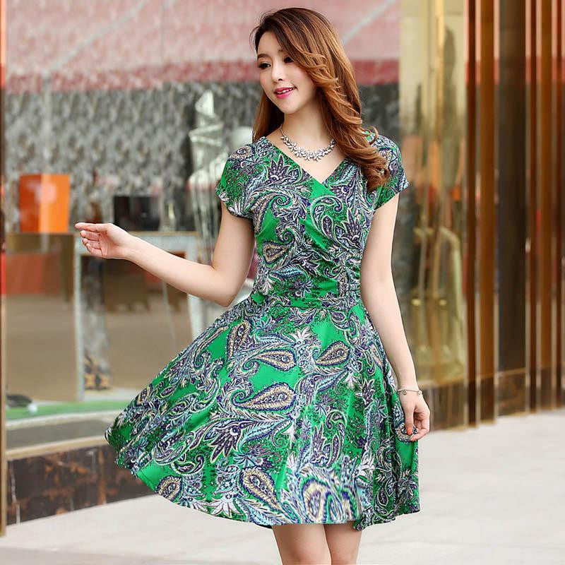 Women summer dress printed waist show thin Casual Beach Maxi Dresses