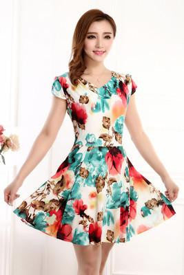 Women Summer Milk Silk Dress Short Sleeves Vintage Printed Flower Print sundress Casual sexy bodycon Dresses