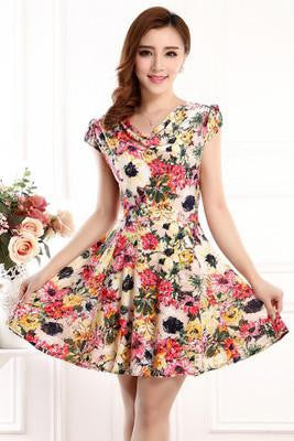 Women Summer Milk Silk Dress Short Sleeves Vintage Printed Flower Print sundress Casual sexy bodycon Dresses