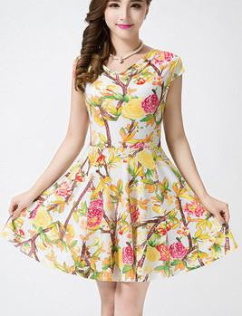 Women Summer Milk Silk Dress Short Sleeves Vintage Printed Flower Print sundress Casual sexy bodycon Dresses