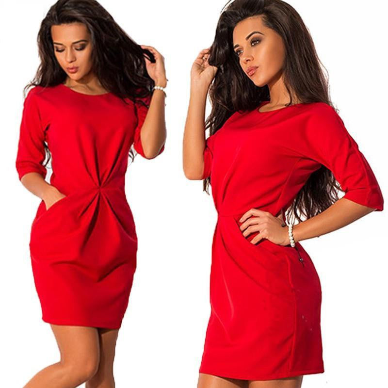 Women O-Neck Half Sleeved Silm Dress Bodycon Office Dress Autumn Red Blue Party Mini Dress Plus Size LJ7215E